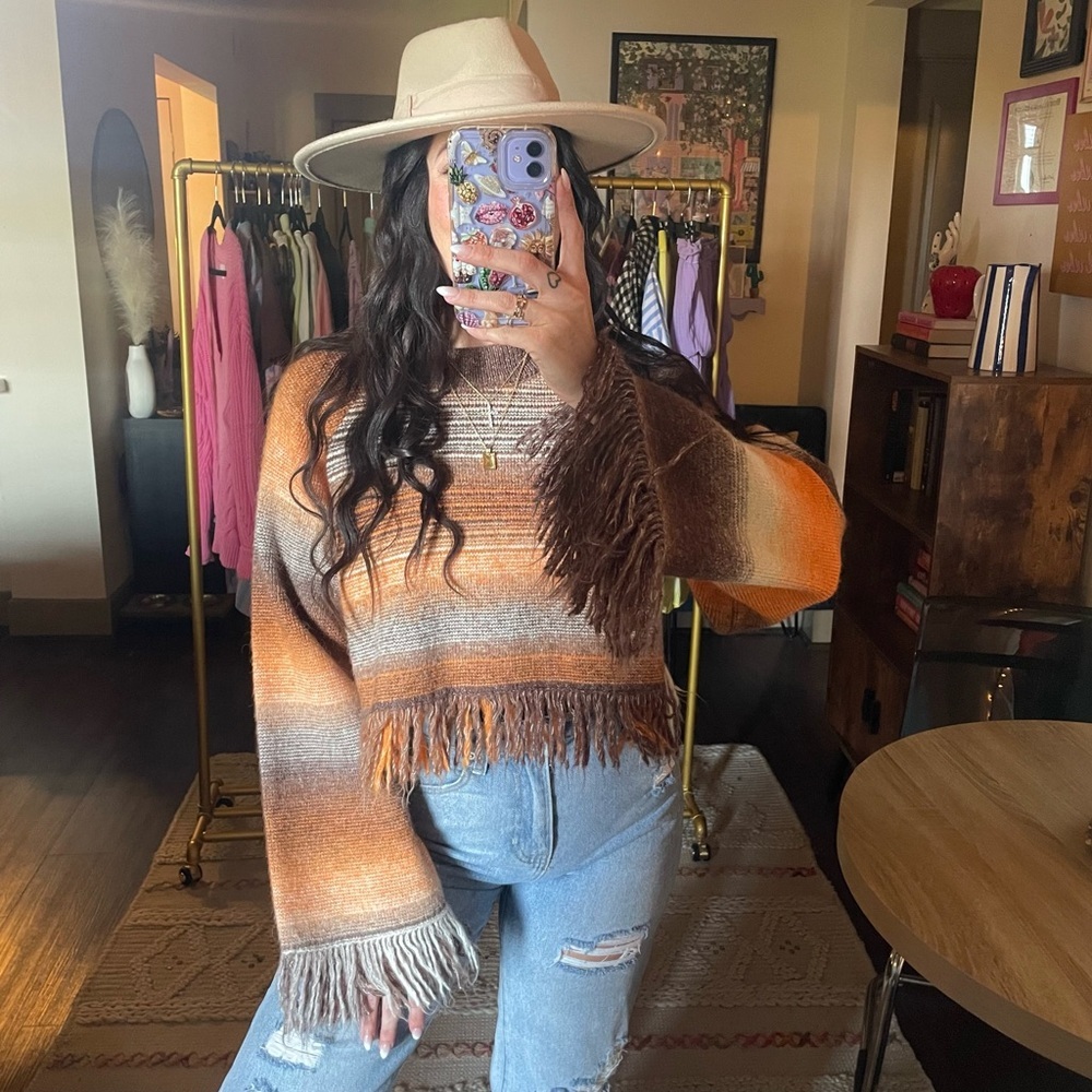 Zara Orange Brown Striped Fringe Sweater - Picture 11 of 13